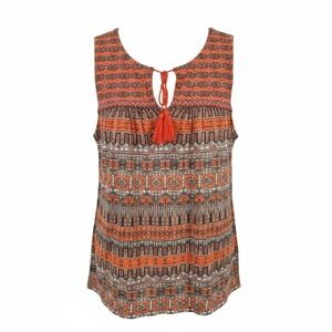 Lucky Brand Boho Festival Top M Orange Tribal Tassel Peasant Sleeveless Blouse